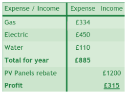 Wilcox heating/lighting income & expenses table showing a profit after PV rebate